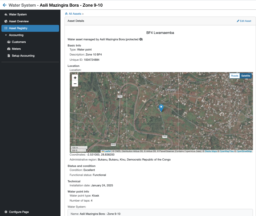 mWater asset registry showing individual water point detail